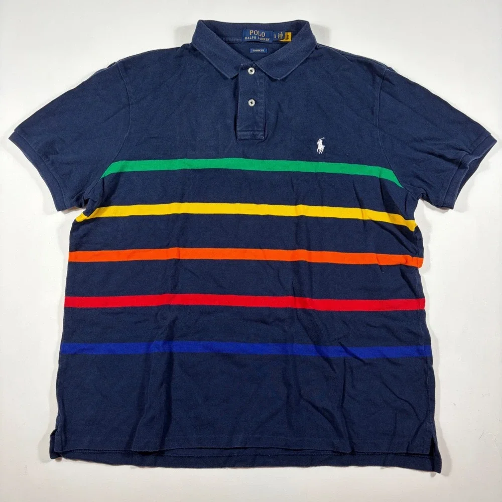 Polo Ralph Lauren Polo Shirt Mens Large Classic Fit Striped Navy Blue